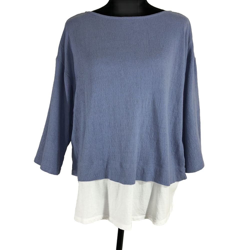 Pure J Jill Top M Petite Blue White Layer Look Linen Cotton 3/4 Sl Stretch